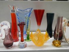 Nine assorted coloured glass vases and a handkerchief bowl, COLLECT ONLY.