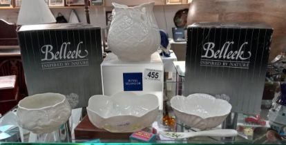 2 Boxed Belleek bowls, An unboxed Belleek bowl & A Belleek candle holder.