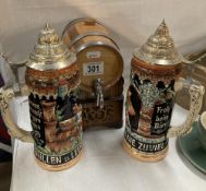 2 Large steins & small wooden barrel