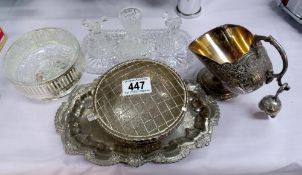 A quantity of silver plate & A dressing table set depicting birds etc