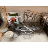 A good lot of metal items including Victorian style airer ends, candle holders & paper racks