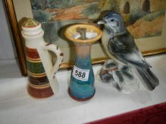 A Bristol pottery oil bottle, a Dragon pottery jug and an eagle.