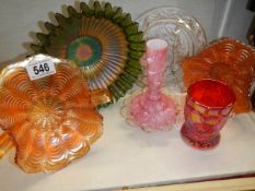 Six pieces of vintage glass including carnival glass bowls.