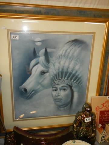 A framed and glazed American Indian with horse print, COLLECT ONLY.
