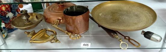 A quantity of interesting metal & copper items including Warmer, lamp etc