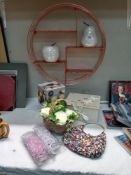 A Copper shelf china fruit, decorative crystal flowers in basket, decorative bag etc