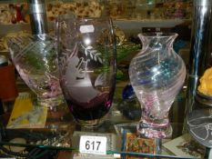 An engraved glass vase and other glass ware. COLLECT ONLY.