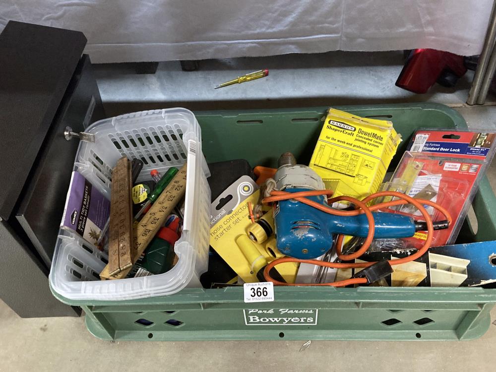A box of workshop items tools etc & A metal post box