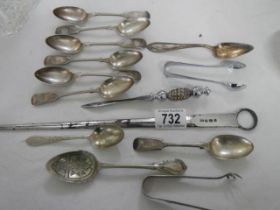 A mixed lot of teaspoons, sugar nips, skewer, letter opener etc.,