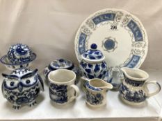 A blue & white owl & miscellaneous items