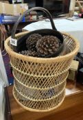 A Coal scuttle / bucket, Fir cones & basket A/F