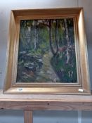 A gilt frame oil on canvas of dark woodland