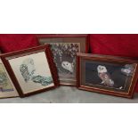 2 Fabulous framed & glazed photographs of owls & 1 other print.