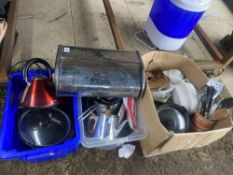 3 Boxes of kitchen ware including pans, kettle, slow cooker etc