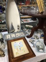 A quantity of nautical items & A beach scene watercolour