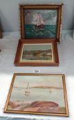 A painting on board of a sailing ship & 2 others