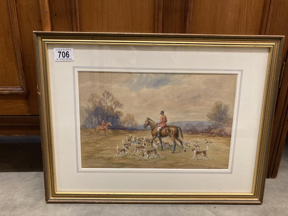 A framed and glazed hunting scene watercolour signed J Allen, COLLECT ONLY.