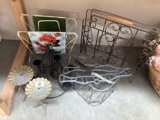 A good lot of metal items including Victorian style airer ends, candle holders & paper racks