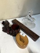 A shell inlaid trinket box, carved chopstick box and contents Oriental dragon figure etc