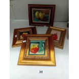 4 Framed still life paintings on board of fruit