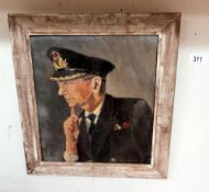 An oil on canvas of a naval officer on reused canvas