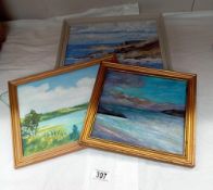 3 Framed paintings on board of coastal scenes