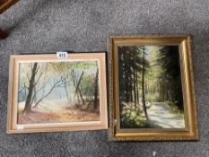2 framed oil on boards Sunlight and Shadow and Early Morning Mist