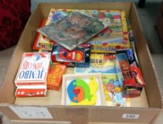 A box of vintage & collectable toys including Disney cars, wooden jigsaws etc