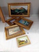 5 Small gilt framed paintings on board of various scenes