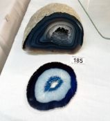 An agate geode. Height 11cm, Width at base 14cm & An agate geode slice