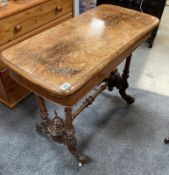 A walnut inlaid card table in style of hall/console table twin pedestals with carved detail.