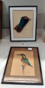 2 Vintage watercolours of kingfisher & pheasant head signed by I G Kirkby