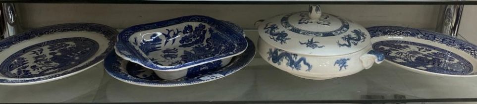 3 blue and white meat platters and a Wedgwood Tureen etc