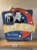A retro ice cold beer illuminating sign 41 x 43 x 5cm