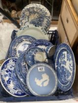 A selection of blue & white plates including Wedgwood jasperware, Blue willow etc