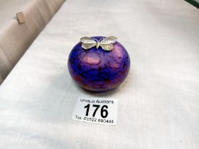 An irridescent paperweight with silver butterfly by K. Heaton, signed, Height 4.5cm Diameter 6cm