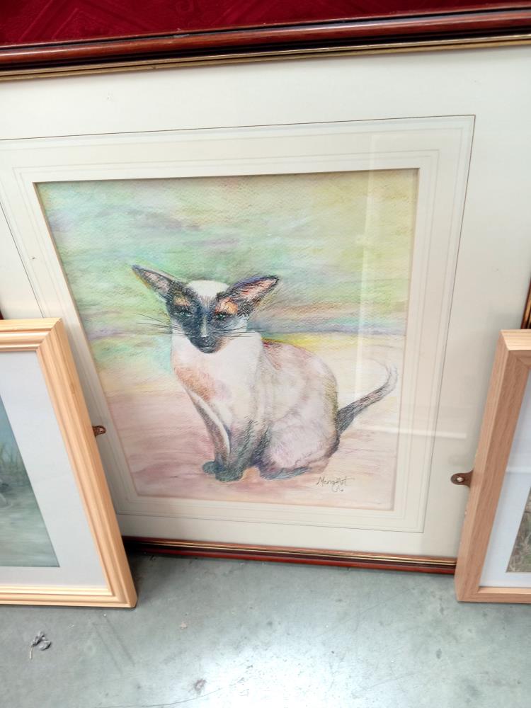 A framed & glazed watercolour & mixed media including a Siamese cat, Swans, Giraffe etc - Image 3 of 6