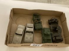 Two diecast tanks, a jeep and two cars.