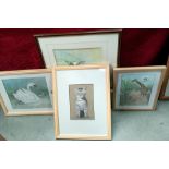 A framed & glazed watercolour & mixed media including a Siamese cat, Swans, Giraffe etc