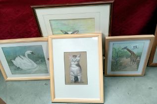 A framed & glazed watercolour & mixed media including a Siamese cat, Swans, Giraffe etc