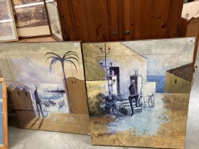 A pair of large canvas prints on frames, beach scenes. COLLECT ONLY