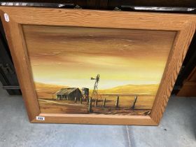 An oil on board sunset farmstead. COLLECT ONLY