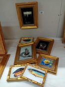 A selection of gilt framed paintings on board of a beer glass, fish etc