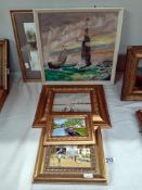 4 Paintings on board of waterway scenes & 1 other