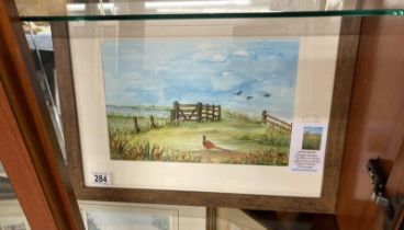 A signed landscape watercolour by Debbie Mitchell featuring a pheasant. COLLECT ONLY