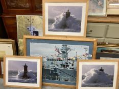 4 photographic prints featuring a battleship and three lighthouses. COLLECT ONLY