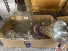 A box of glass including vases, decanter etc