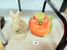 A vintage stone rabbit & A large resin robin garden ornament
