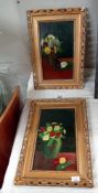 2 Vintage gilt frame oil on board of flowers