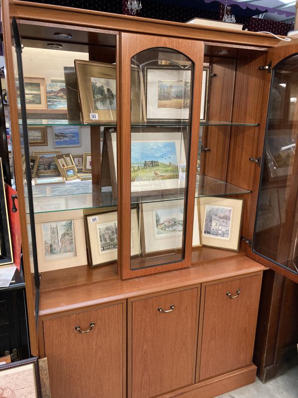 A teak effect part glazed dresser, Etched glass, interior lighting and mirror. COLLECT ONLY - Image 3 of 4